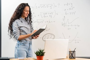 Eğitici Kavram, E-Öğrenme. Orta Doğulu kadın matematik öğretmeninin portresi beyaz tahtanın yanında elinde matematik grafikleri, elinde tuttuğu ve okuduğu notlar, dizüstü bilgisayarında çevrimiçi video çağrısı var.