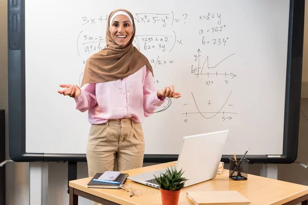 Seorang Guru Muda Arab Yang Sukses Berdiri Depan Kelas Melihat Stok Gambar Bebas Royalti