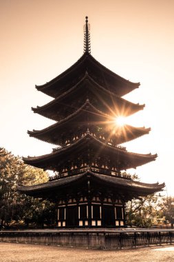 Japonya, Nara 'da gün doğumunda Kofukuji pagoda dikey görünümü 