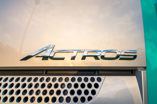 stock image Milton Keynes, England-May 1st,2019: Mercedes Benz Actros 2019 truck symbol on display at the UK head office 