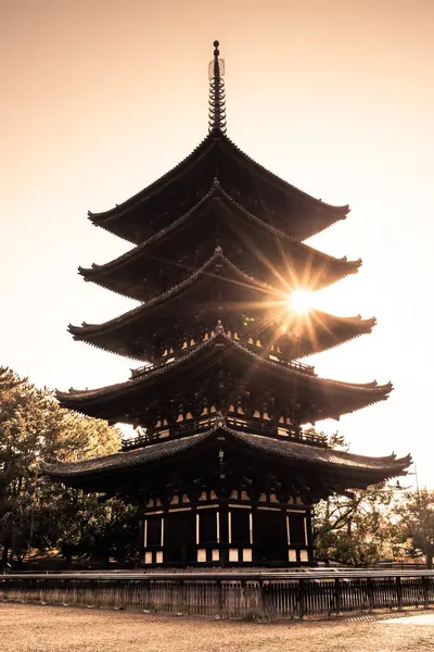 stock image Kofukuji pagoda vertical view at sunrise in Nara, Japan 