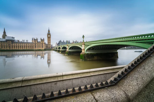 Wide angle view of Westminster bridge and Big Ben in London, UK