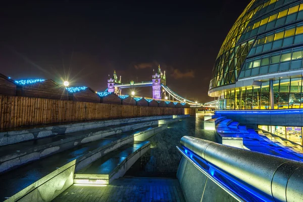 Tower Bridge and City Hall at night with Christmas lights in London, England