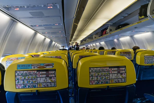 stock image Stansted,England-9,11,2017:Interior of Ryanair plane at the Stansted airport terminal. Ryanair Ltd. is an Irish low-cost airline founded in 1984, headquartered in Swords, Dublin, Ireland