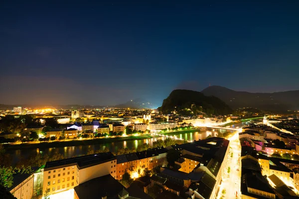 Centre Salzburg City Overlooking Hohensalzburg Fortress Night Austria — Stock Photo, Image