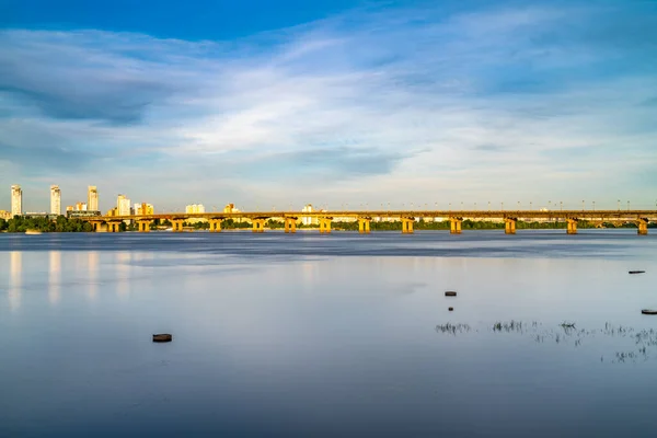 Patona Bridge Dnieper River Sunset Kiev Ukraine — Stock Photo, Image