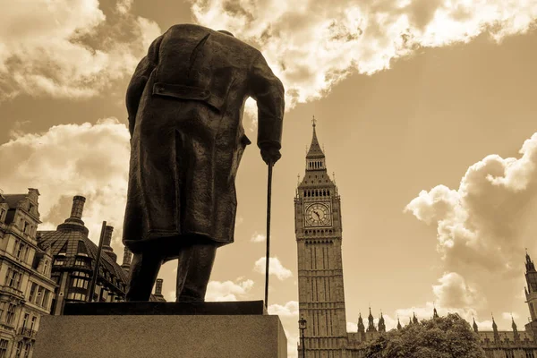 stock image Big Ben and Winston Churchill's statue at sunset, London