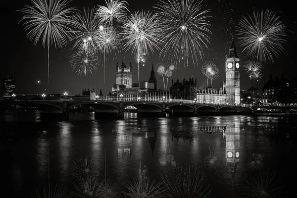 Spettacolo Fuochi Artificio Big Ben Palazzo Westminster Bianco Nero — Foto Stock