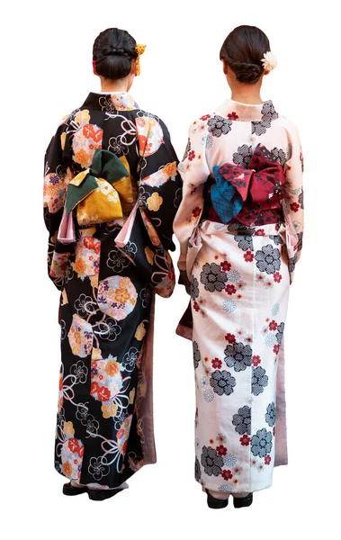 Japońskie Kobiety Tradycyjnej Odzieży Kimono Tyłu Widok Pełna Długość Izolowane — Zdjęcie stockowe
