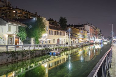 MILAN, ITALY - OCTOBER, 2015 - The Old City canal viewed from Via Ascanio Sforza street at night. clipart