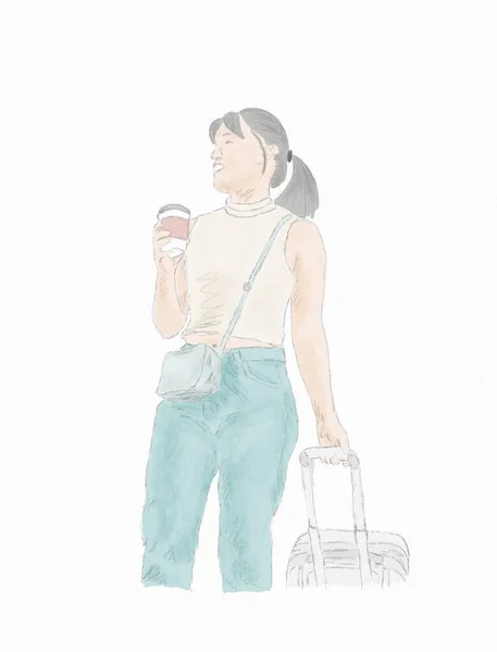 Junge Person Mit Einer Tasse Und Einem Gepäck Auf Weißem — Stockfoto