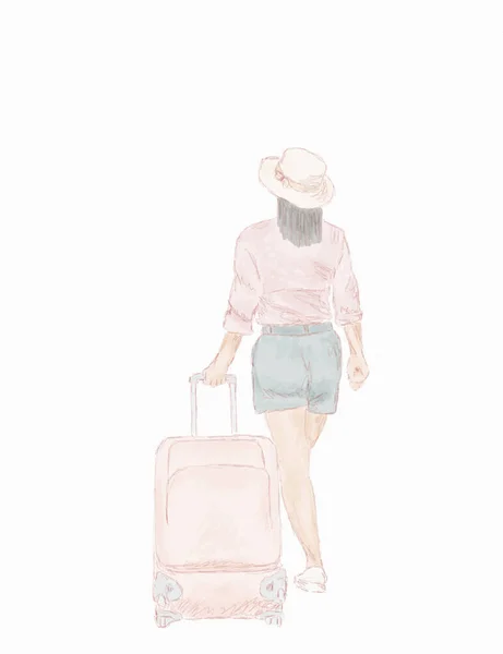 Viaggiatore Turistico Donna Con Borsa Sfondo Bianco Schizzo Infantile Stile — Foto Stock