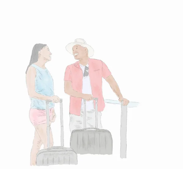 一对年轻的夫妇站在行李旁边 被白色的背景隔离 病媒图解 用铅笔在白色背景上手绘的自由式幼稚草图 时尚插图 旅行概念 — 图库照片