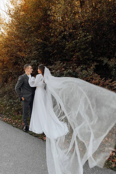 Dia Casamento Noiva Vestido Noiva Branco Segurando Véu Longo Com — Fotografia de Stock