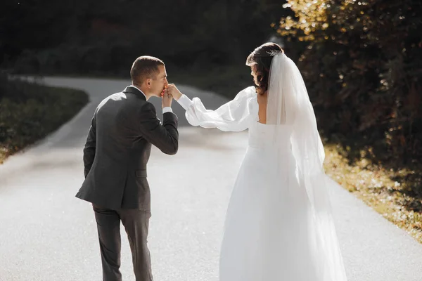 Bräutigam Küsst Hand Der Lächelnden Braut Verlobung Eines Jungen Verliebten — Stockfoto