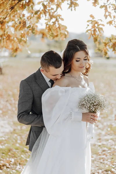Boldog Házaspárt Vidéken Csodálatos Mosolygó Házaspár Csinos Menyasszony Elegáns Vőlegény — Stock Fotó