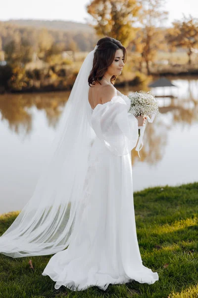 Ritratto Una Bella Giovane Sposa Elegante Abito Bianco Con Lungo — Foto Stock