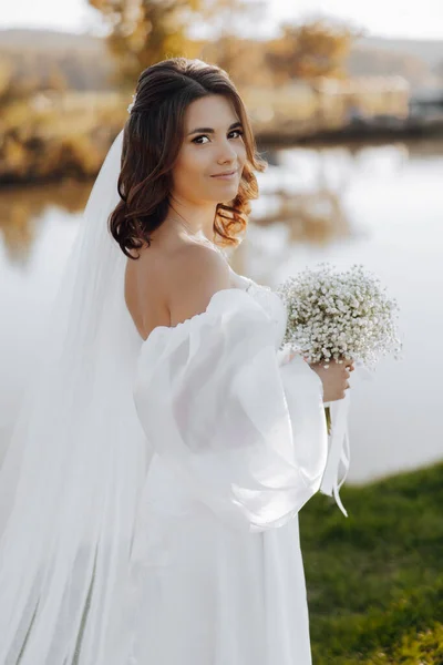 Retrato Uma Bela Noiva Jovem Elegante Vestido Branco Com Véu — Fotografia de Stock