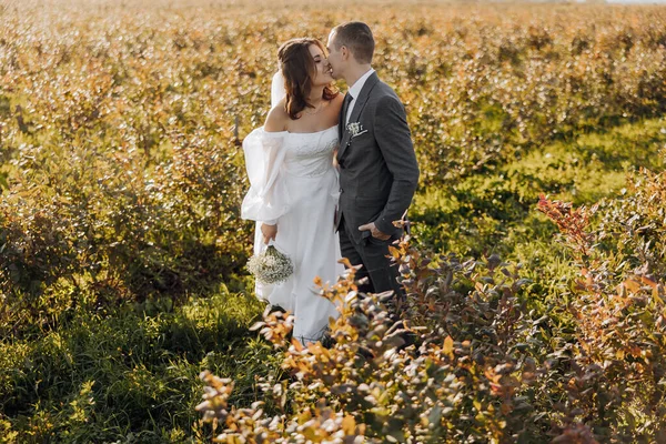 Fiatal Házaspár Frissen Házasodott Vőlegény Menyasszony Pózolnak Szabadban Esküvőjük Napján — Stock Fotó