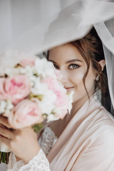 Interior Pernikahan Pengantin Wanita Berpakaian Hotel Fotografi Pernikahan Potret Pengantin — Stok Foto