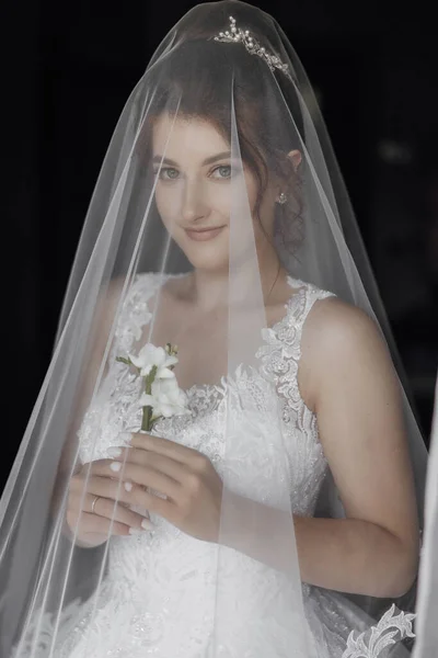 Glücklich Schöne Braut Unter Schleier Nahaufnahme Schöne Braut Zeigt Make — Stockfoto