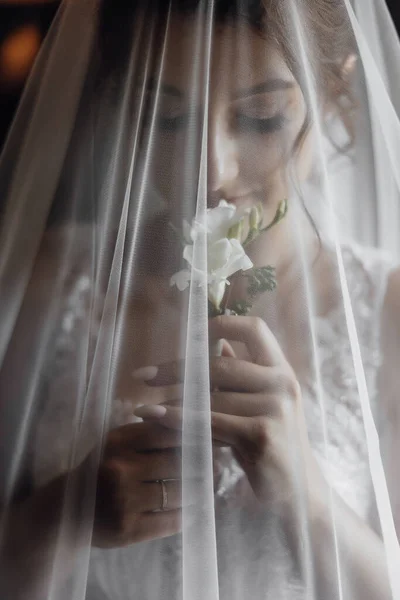 Happy Beautiful Bride Veil Closeup Pengantin Cantik Menunjukkan Makeup Dan — Stok Foto