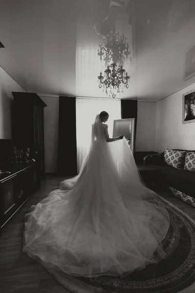Lindo Luxo Feliz Noiva Morena Elegante Perto Uma Janela Fundo — Fotografia de Stock