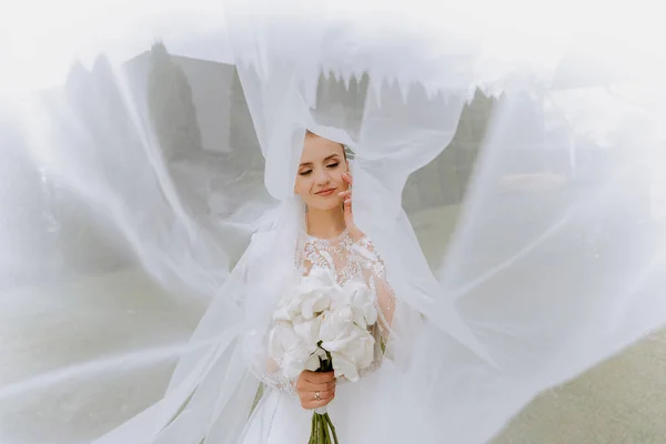 Happy Beautiful Bride Veil Closeup Beautiful Bride Shows Makeup Hairstyle — Stock Photo, Image