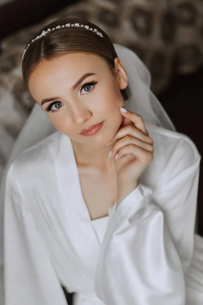 결혼식 신부의 가운을 베일을 아름다운 자연의아름다움 전문적 메이크업 레이스 드레스를 — 스톡 사진