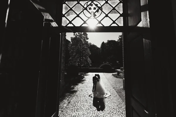 Menyasszony Vőlegény Sikátorban Állnak Lenyugvó Nap Fényében Árnyékokkal Fekete Fehér — Stock Fotó