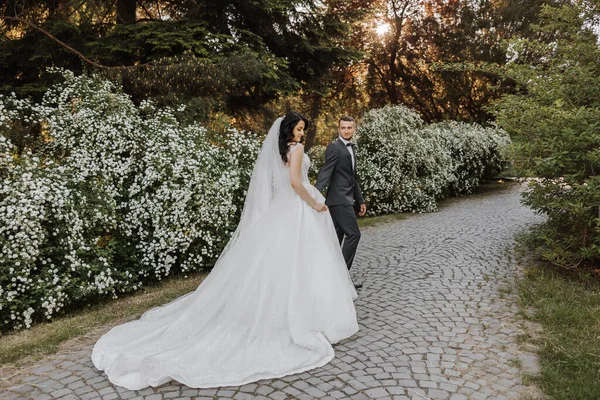 Gelukkig Jong Stel Bruid Met Lang Krullend Haar Witte Jurk — Stockfoto