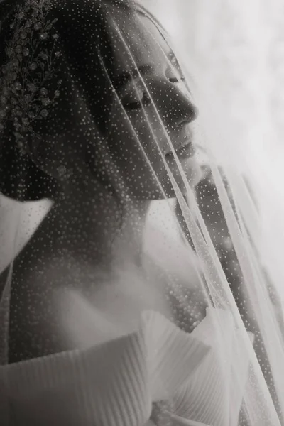 Красива Наречена Модною Весільною Зачіскою Весільним Оголеним Макіяжем Крупним Планом — стокове фото