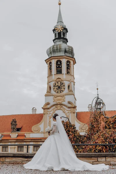 stock image charming bride in a wonderful dress, a long veil in the city center against the background of the dome of the ancient church enjoying the panorama