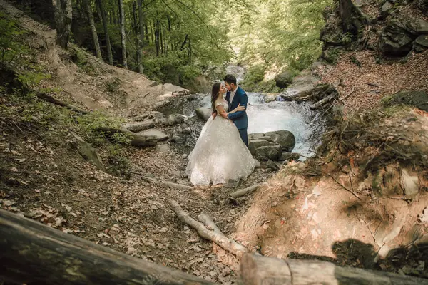 Весільна Пара Обіймається Біля Гірської Річки Наречена Наречена Природа Весільного — стокове фото