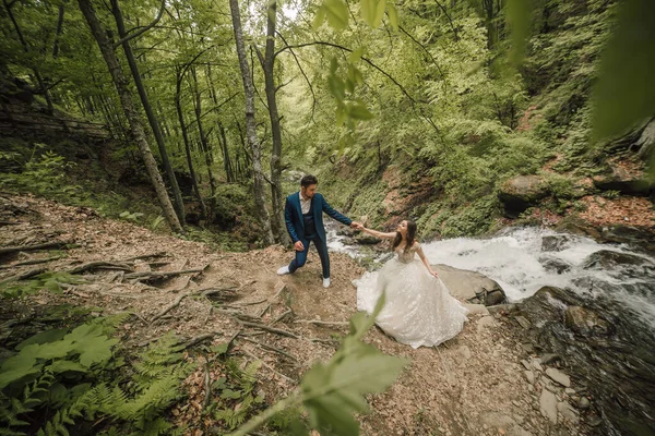 Жених Держит Невесту Руку Ведет Вверх Холму Свадебная Фотосессия Природе — стоковое фото
