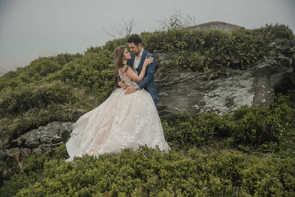 Cuplu Fericit Nuntă Munți Lângă Piatră Mare Mirele Sărută Mâna — Fotografie, imagine de stoc