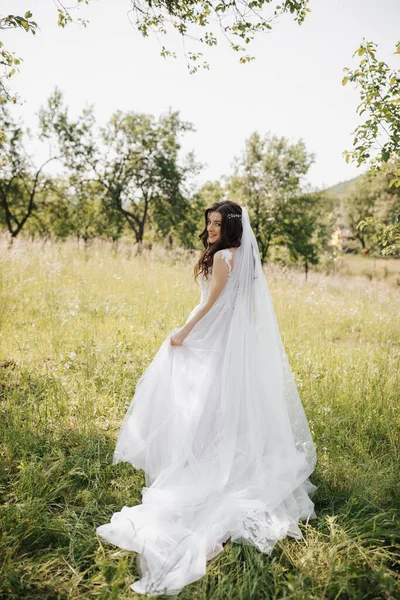 Gelukkige Bruid Met Haar Lichtroze Jurk Een Lange Sluier Die — Stockfoto
