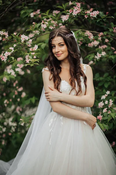 Eine Wunderschöne Braut Mit Langen Lockigen Haaren Einem Schicken Kleid — Stockfoto