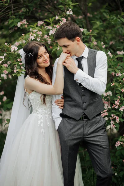 Jovem Casal Feliz Retrato Casamento Noivo Beija Ternamente Mão Noiva — Fotografia de Stock
