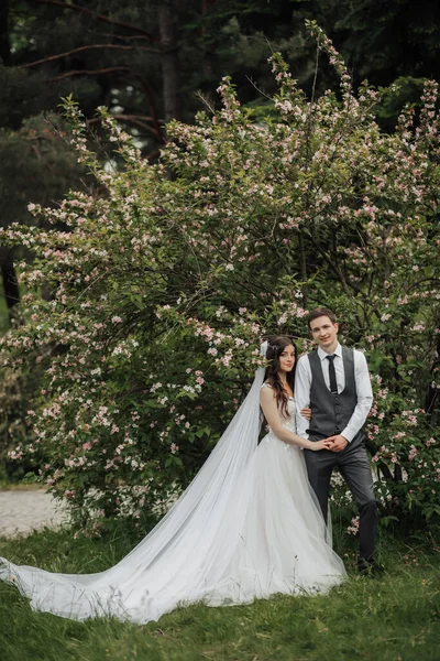 Happy young couple. Wedding portrait. The bride tenderly hugged the groom, looking at the camera against the background of a flowering bush. Wedding bouquet. Spring wedding