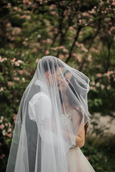 Счастливая Молодая Пара Свадебный Портрет Жених Невеста Нежно Прижались Друг — стоковое фото