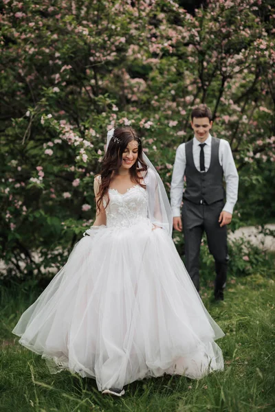 Noivo Elegante Feliz Que Anda Noiva Noiva Está Primeiro Plano — Fotografia de Stock