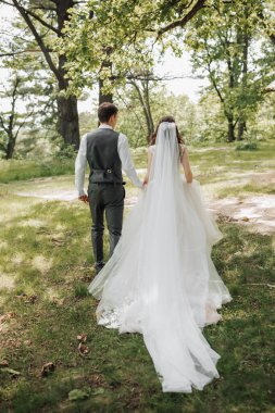 Tarz sahibi genç gelinler, mutlu günlerinde, birbirlerinin keyfini çıkarırlar. Onlar bahar parkında yürüyorlar. Arkadan bir fotoğraf. Bahar düğünü. Doğal makyaj.