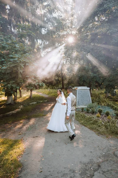 아름다운 부부가 결혼식 사랑에 빠졌죠 사이로 햇빛을 받으며 공원을 산책하는 — 스톡 사진
