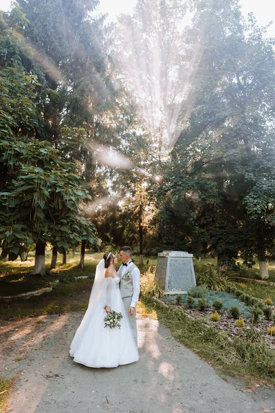 아름다운 부부가 결혼식 사랑에 빠졌죠 잎사귀들 사이로 햇빛을 받으며 공원을 — 스톡 사진