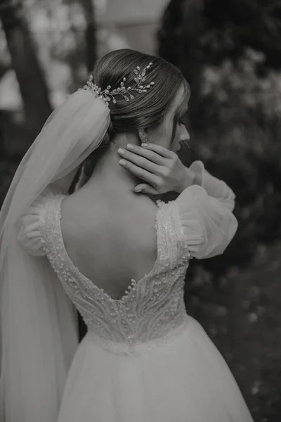 Hairstyle Elegant Wedding Hair Accessory Photo Back Gently Touches Veil — Stock Photo, Image