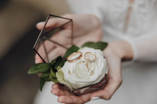 新娘手里拿着一个装有结婚戒指的玻璃盒 特写照片 盐盒上装饰着一朵玫瑰 上面有戒指 — 图库照片