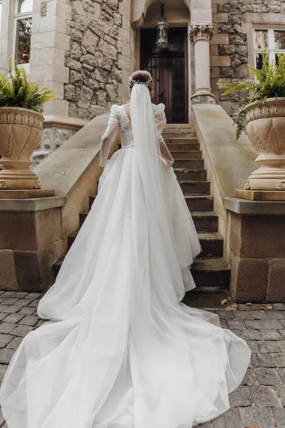 A bride in a dress climbs the stairs. Beautiful lady in a luxurious dress. Graceful bride. The bride climbs the stairs, a dress with a long train
