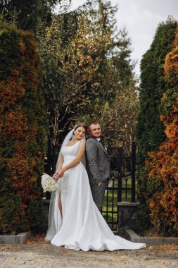 Gelin ve damat parkta omuzlarını eğdiler. Bir çift yeni evli, gelin ve damat, yeşil ağaçların doğasında bir düğünde. fotoğraf portresi Düğün çifti