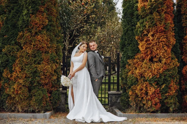 Braut Und Bräutigam Lehnten Sich Park Die Schultern Ein Brautpaar — Stockfoto